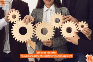 Das Bild zeigt Menschen im Business mit hölzernen Zahnrädern in der Hand als Bildmetapher für ein funktionierendes Fokusmanagement (Interimsmanagement).