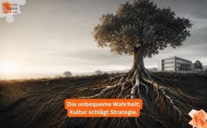 Das Bild zeigt einen Querschnitt, bei die Wurzeln eines großen Baumes im Vordergrund sind, im Hintergrund steht ein kleines Bürogebäude – als Bildmetapher für "Unternehmenkultur schlägt Unternehmensstrategie" (Photocredit: mit KI generiert, eigener Prompt Ferihan Steiner).